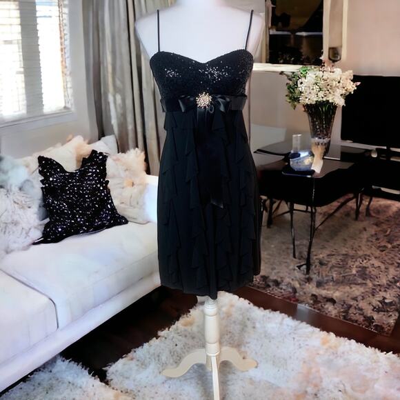 Vintage Cache Black Sequins Ruffled Spaghetti Straps Dress Size 8 Rhinestone - Picture 3 of 14